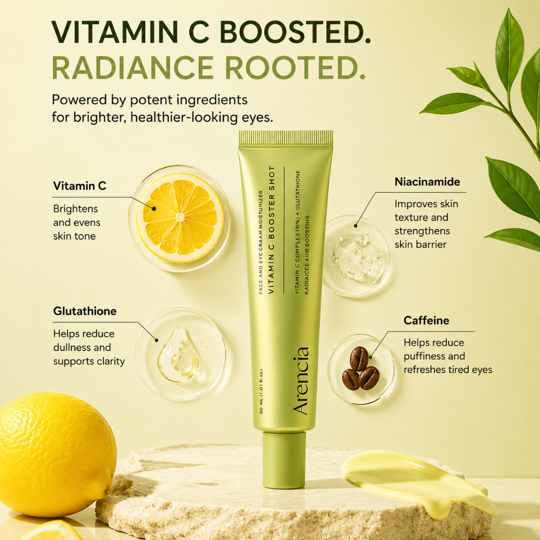 Arencia Vitamin C Booster Shot – Brighten, Boost & Glow – With Vitamin C Complex 5%, Glutathione, Niacinamide & Centella Extract – Fades Dark Spots, Boosts Radiance, Hydrates & Smooths Texture – For Glass Skin Radiance