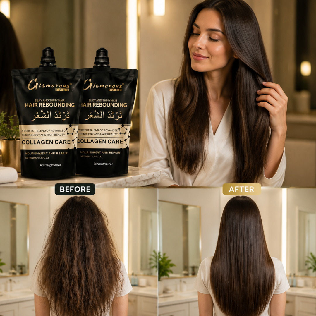 Glamorous Face Hair Rebounding Kit – Straight, Smooth & Shiny Hair – Collagen Care Formula – Includes Straightener + Neutralizer – Salon Treatment at Home – For Frizzy, Dry, Unmanageable Hair