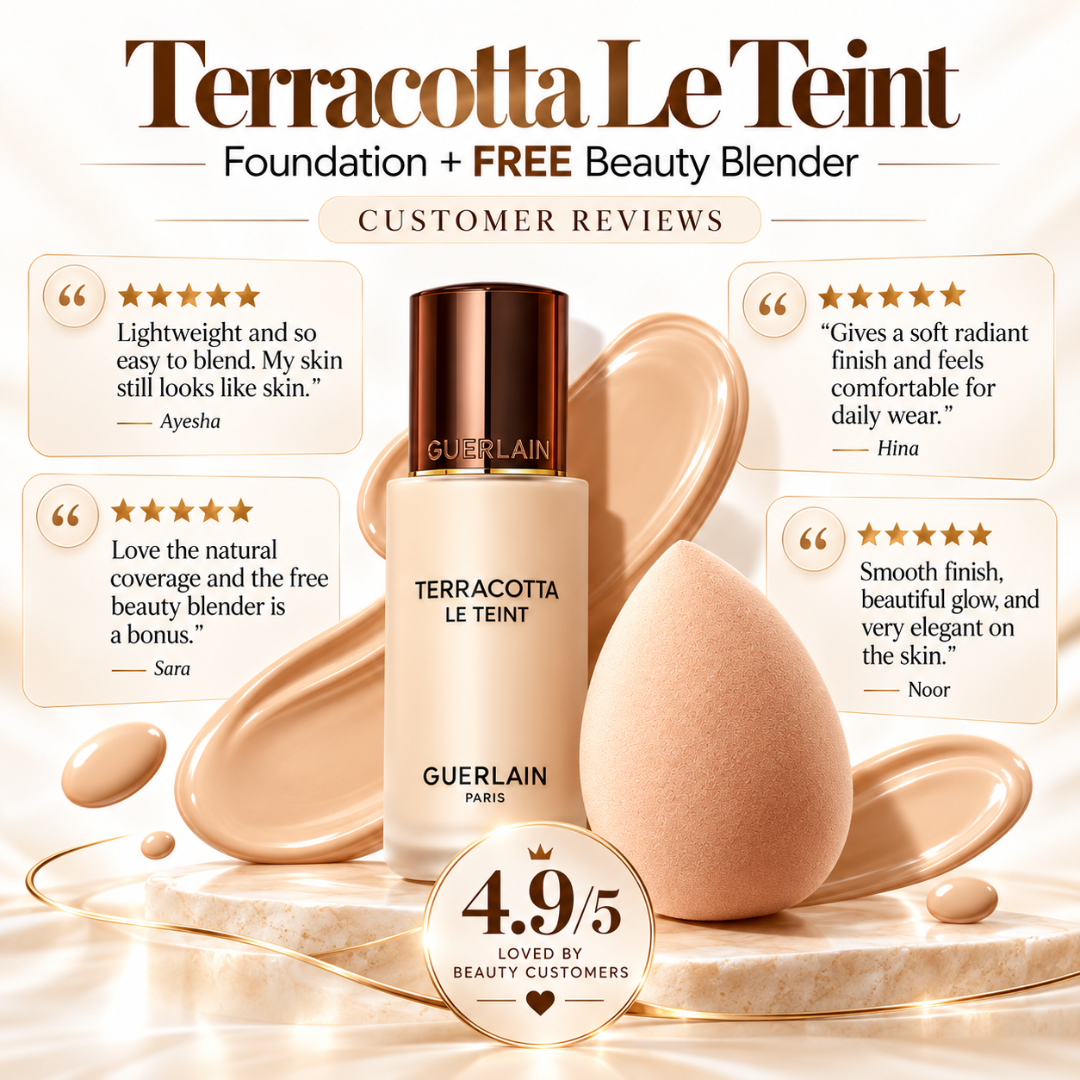 Guerlain Terracotta Le Teint Foundation + FREE Beauty Blender – Lightweight Breathable Coverage – Natural Radiant Glow