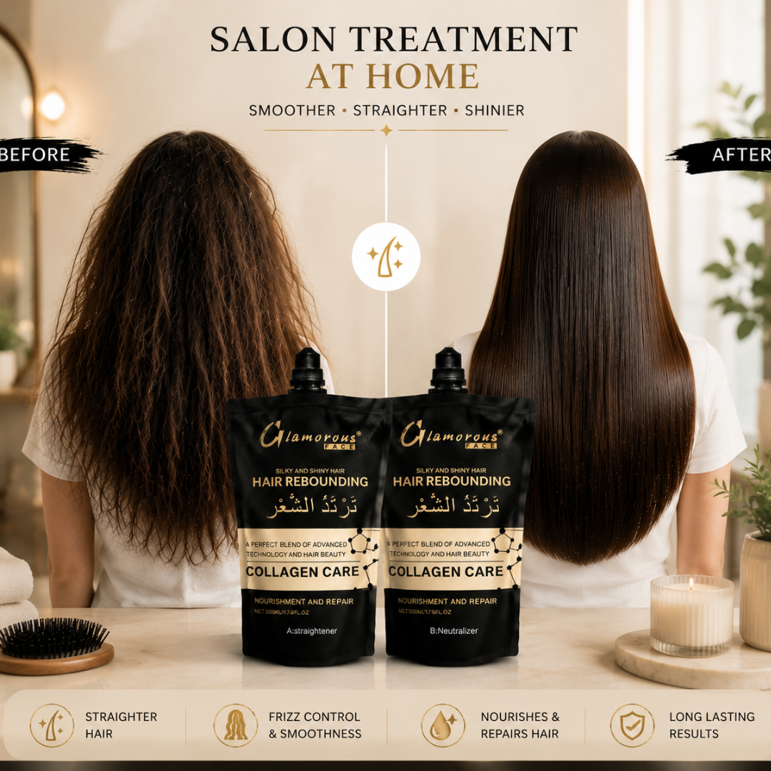Glamorous Face Hair Rebounding Kit – Straight, Smooth & Shiny Hair – Collagen Care Formula – Includes Straightener + Neutralizer – Salon Treatment at Home – For Frizzy, Dry, Unmanageable Hair