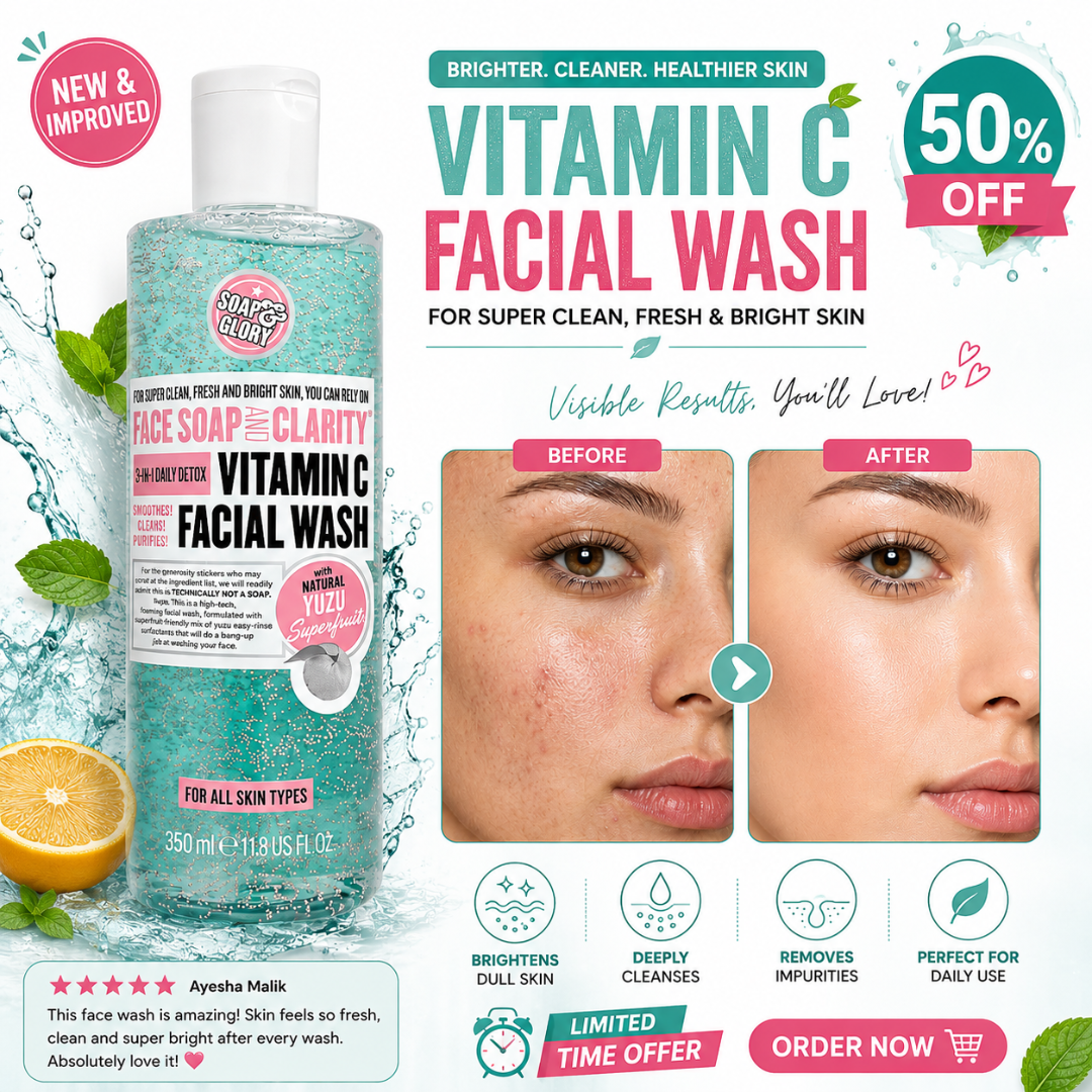 Vitamin C Facial Wash with Natural Yuzu & Mint – 3-in-1 Daily Detox – Brightens Dull Skin, Deeply Cleanses & Removes Impurities, feels cool & fresh – For Super Clean, Fresh & Bright Skin