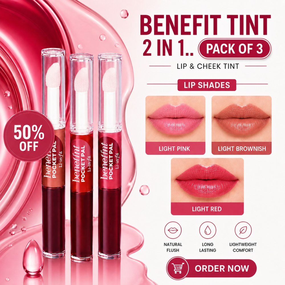 Benefit 2 In 1 Lip & Cheek Tint (Clear Gloss + Tint) – Pack of 3 – Natural Flush, 12H Long Lasting – Buildable, Hydrating, Lightweight – Pocket Size
