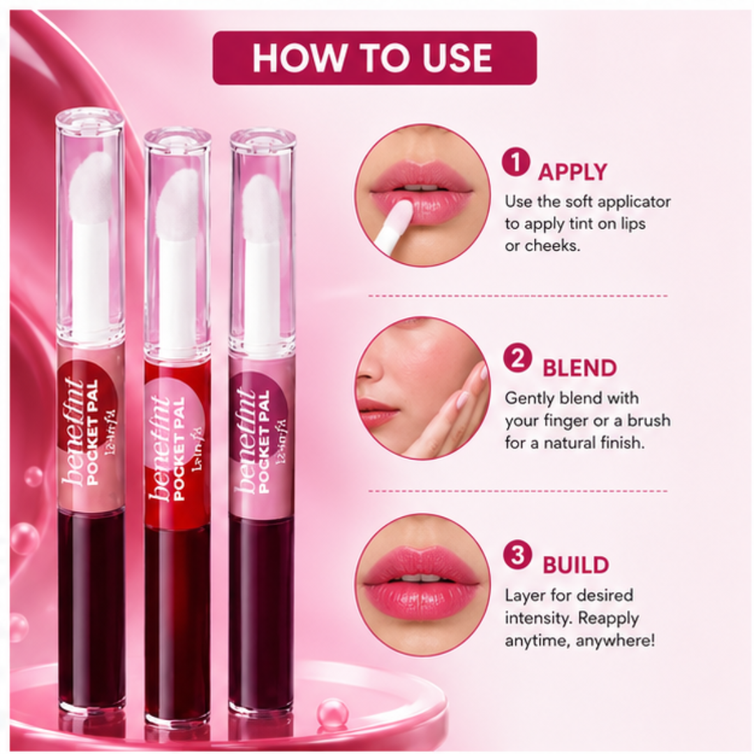Benefit 2 In 1 Lip & Cheek Tint (Clear Gloss + Tint) – Pack of 3 – Natural Flush, 12H Long Lasting – Buildable, Hydrating, Lightweight – Pocket Size