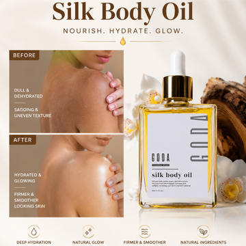 GODA Silk Body Oil – Pheromone Infused – Nourish, Hydrate & Glow – With Jojoba, Argan & Almond Oils – Firms & Smooths Crepey Skin – Non-Greasy, Fast-Absorbing – For Dull, Dehydrated, Sagging Skin