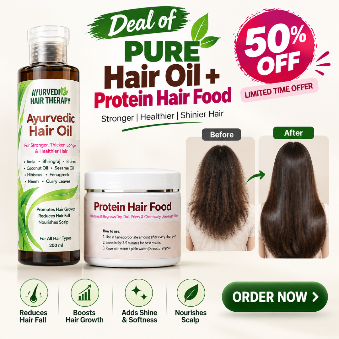 Ayurvedic Hair Oil + Protein Hair Food Combo – Stronger, Healthier & Shinier Hair – Repairs Dry, Dull, Frizzy & Chemically Damaged Hair – Reduces Hair Fall, Boosts Growth & Nourishes Scalp