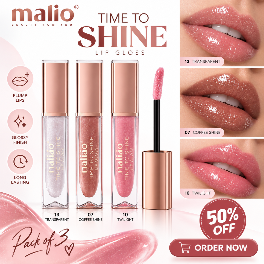 Malio Time to Shine Lip Gloss Set (Pack of 3) – Plumping & Hydrating Formula – Long-Lasting Glossy & Shimmer Shine