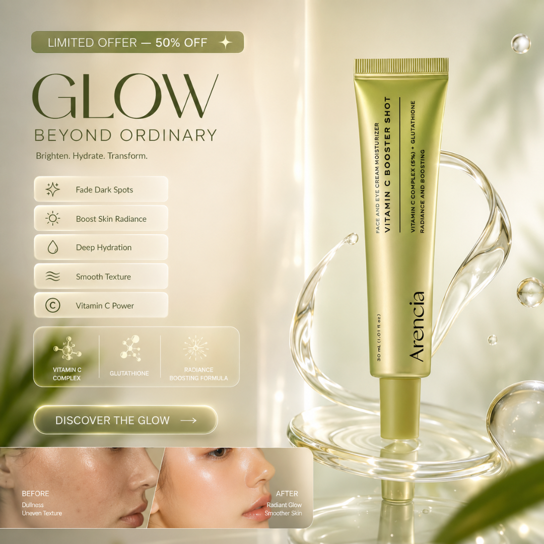 Arencia Vitamin C Booster Shot – Brighten, Boost & Glow – With Vitamin C Complex 5%, Glutathione, Niacinamide & Centella Extract – Fades Dark Spots, Boosts Radiance, Hydrates & Smooths Texture – For Glass Skin Radiance