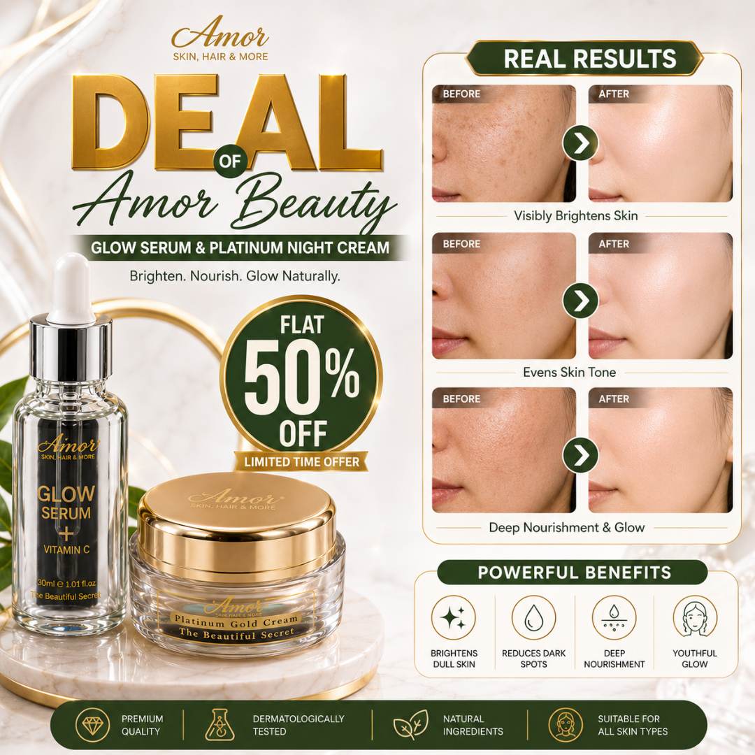 Amor Glow Serum & Platinum Night Cream Deal – 50% OFF – Brighten, Nourish & Glow Naturally – Vitamin C Serum + Night Cream – Fades Dark Spots, Evens Skin Tone, Deep Nourishment – For Radiant, Youthful Skin