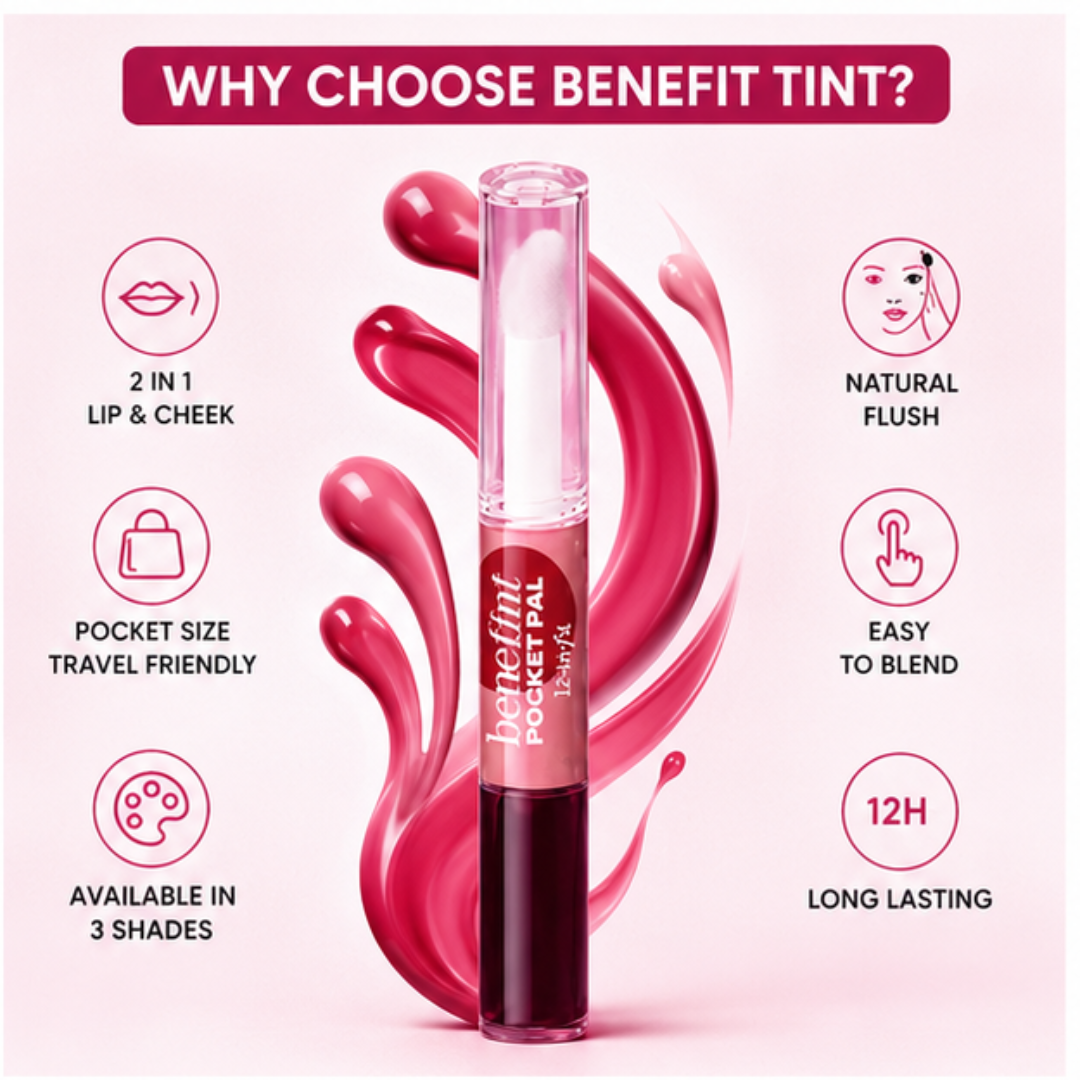 Benefit 2 In 1 Lip & Cheek Tint (Clear Gloss + Tint) – Pack of 3 – Natural Flush, 12H Long Lasting – Buildable, Hydrating, Lightweight – Pocket Size