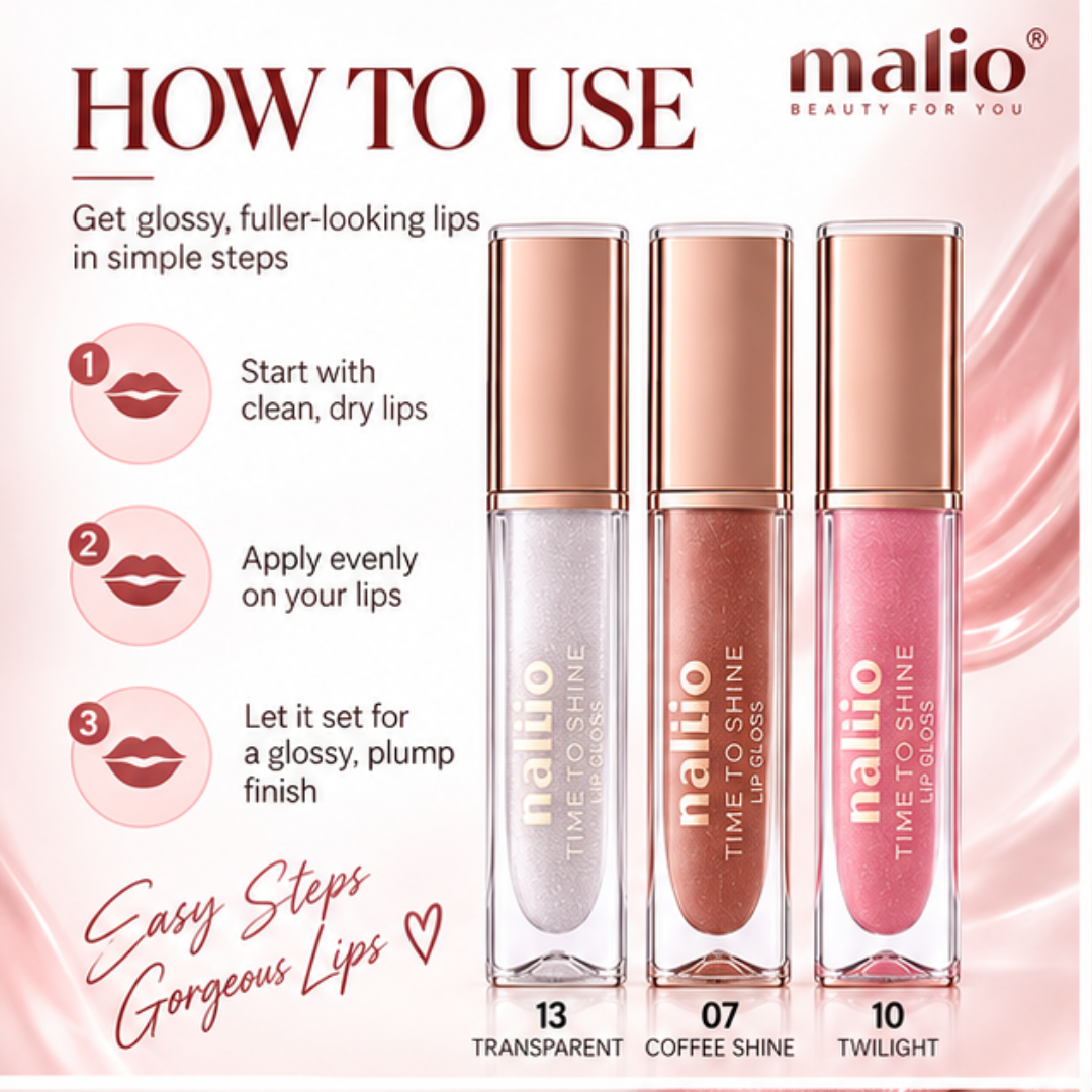 Malio Time to Shine Lip Gloss Set (Pack of 3) – Plumping & Hydrating Formula – Long-Lasting Glossy & Shimmer Shine