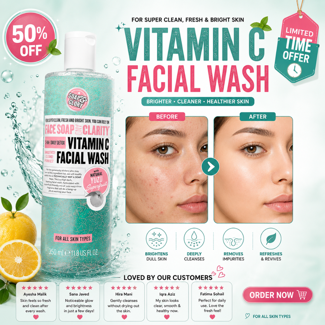 Vitamin C Facial Wash with Natural Yuzu & Mint – 3-in-1 Daily Detox – Brightens Dull Skin, Deeply Cleanses & Removes Impurities, feels cool & fresh – For Super Clean, Fresh & Bright Skin