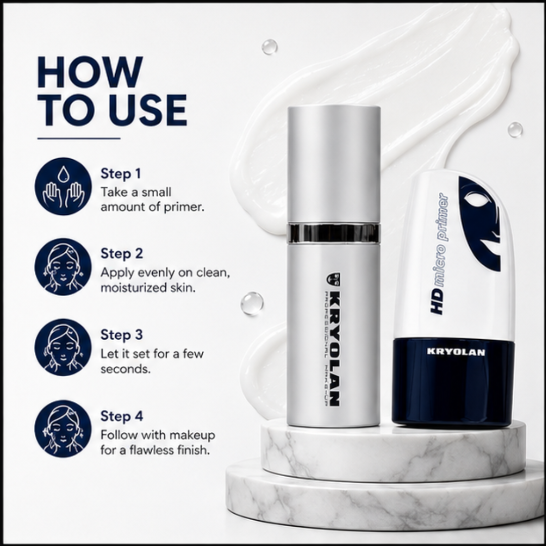 Kryolan Moisturizing Primer + HD Micro Tightening Primer Duo (Buy 1 Get 1 FREE)  – Prep, Protect & Perfect – Micro HD Technology Blurs Pores & Fine Lines – Hydrates, Tightens & Locks Makeup