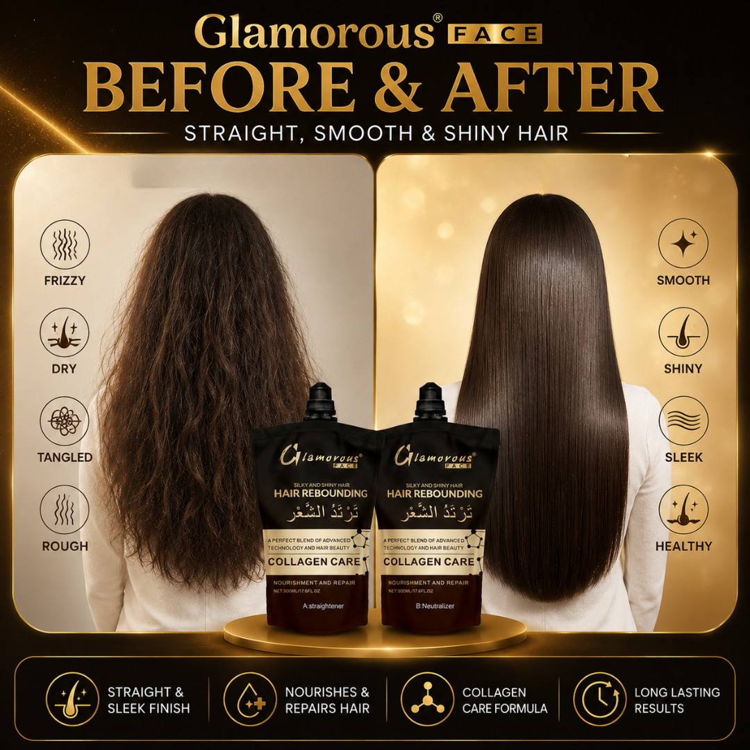 Glamorous Face Hair Rebounding Kit – Straight, Smooth & Shiny Hair – Collagen Care Formula – Includes Straightener + Neutralizer – Salon Treatment at Home – For Frizzy, Dry, Unmanageable Hair