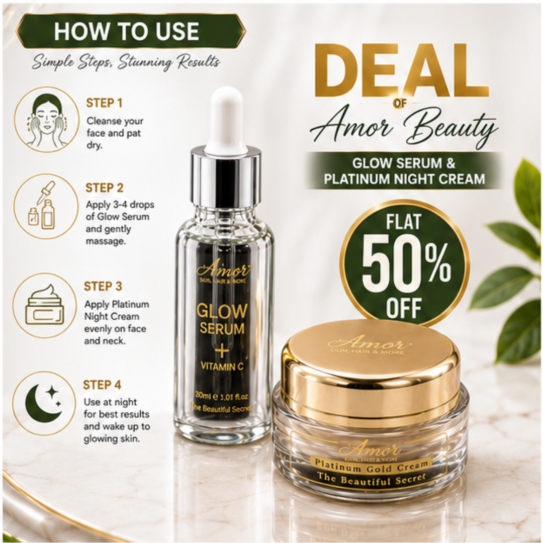 Amor Glow Serum & Platinum Night Cream Deal – 50% OFF – Brighten, Nourish & Glow Naturally – Vitamin C Serum + Night Cream – Fades Dark Spots, Evens Skin Tone, Deep Nourishment – For Radiant, Youthful Skin