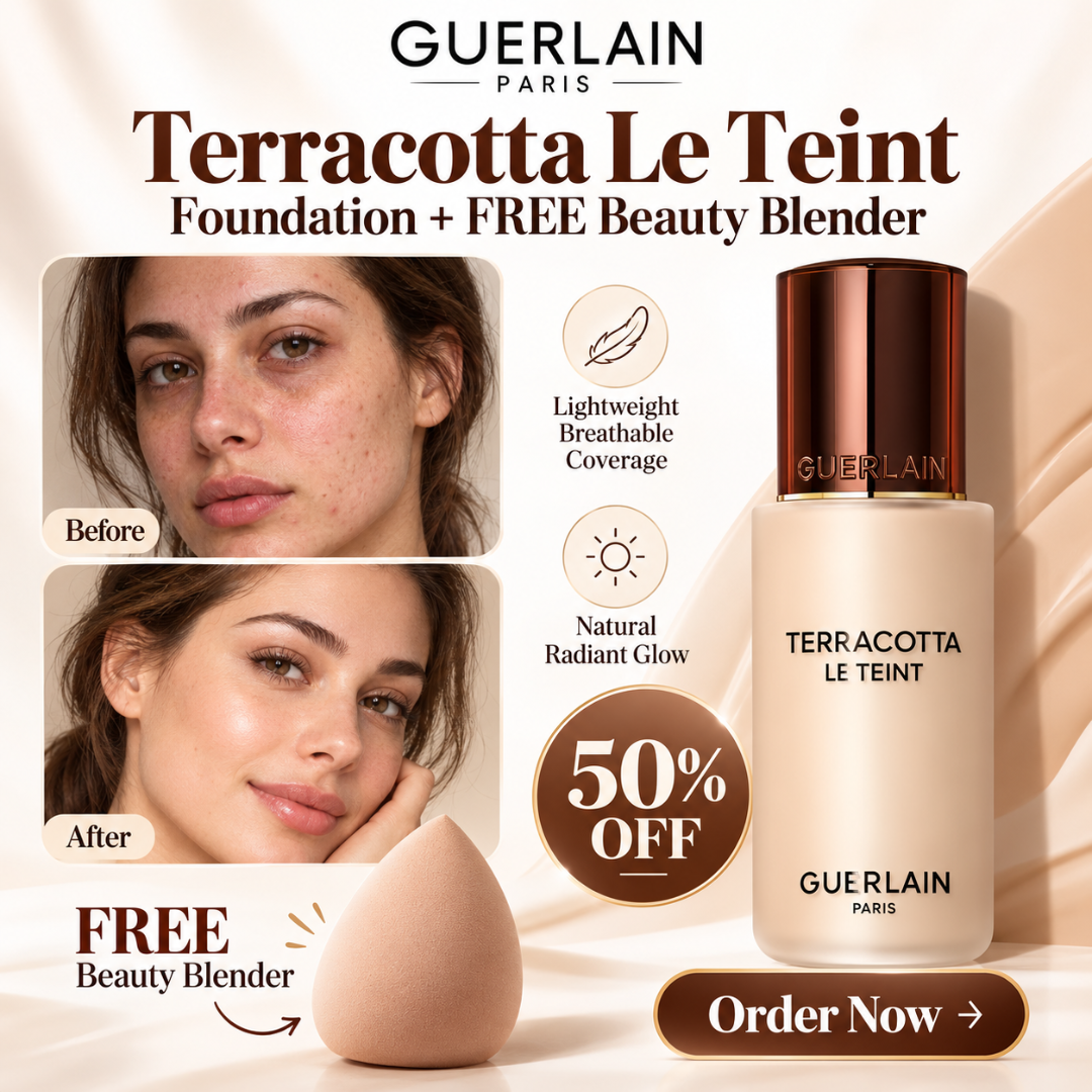 Guerlain Terracotta Le Teint Foundation + FREE Beauty Blender – Lightweight Breathable Coverage – Natural Radiant Glow