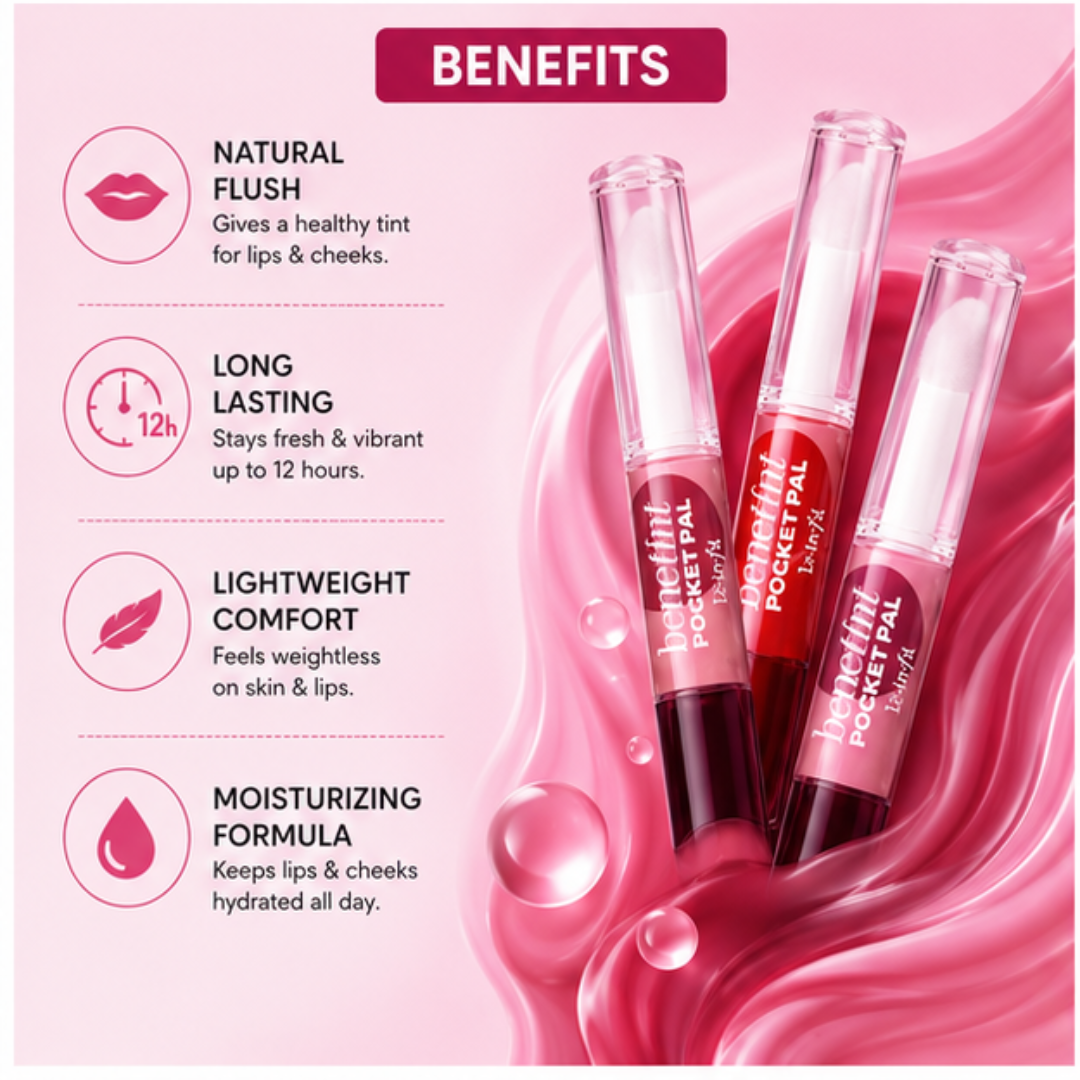Benefit 2 In 1 Lip & Cheek Tint (Clear Gloss + Tint) – Pack of 3 – Natural Flush, 12H Long Lasting – Buildable, Hydrating, Lightweight – Pocket Size