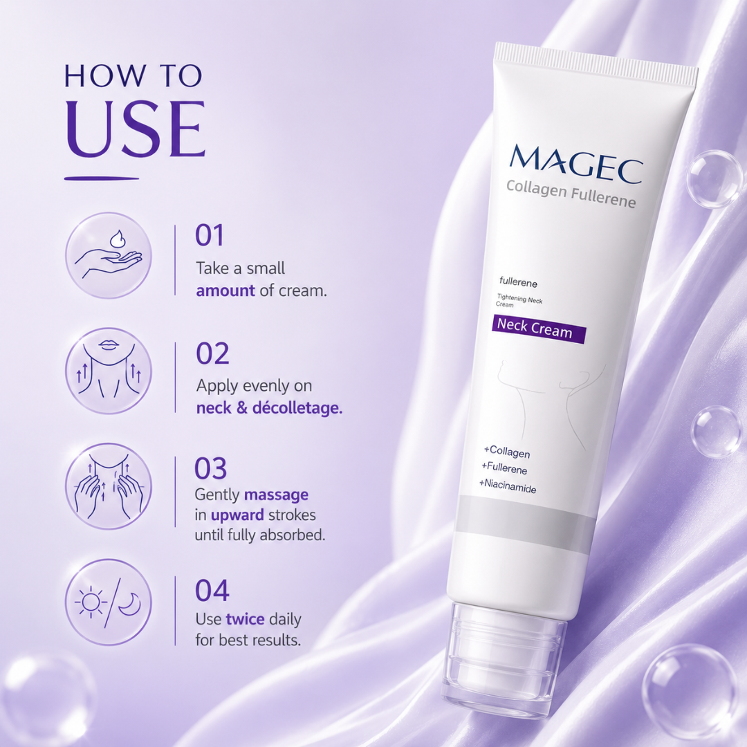 Magec Collagen Fullerene Neck Cream | Tightening & Anti-Wrinkle Formula with Collagen, Fullerene & Niacinamide | Reduces Neck Lines, Firms & Hydrates