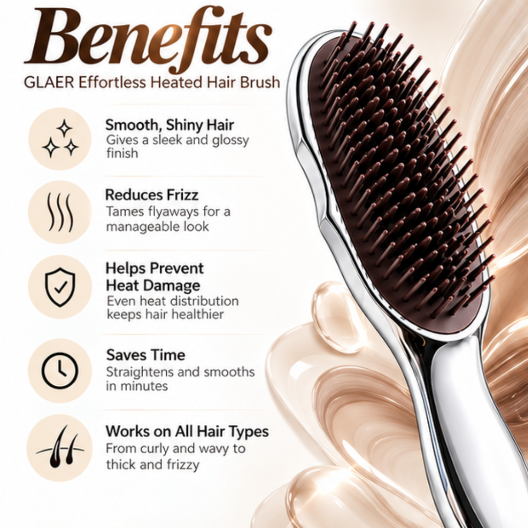 GLAER Effortless Heated Hair Brush – Anti-Frizz Ceramic Straightening Brush for Smooth, Shiny Hair