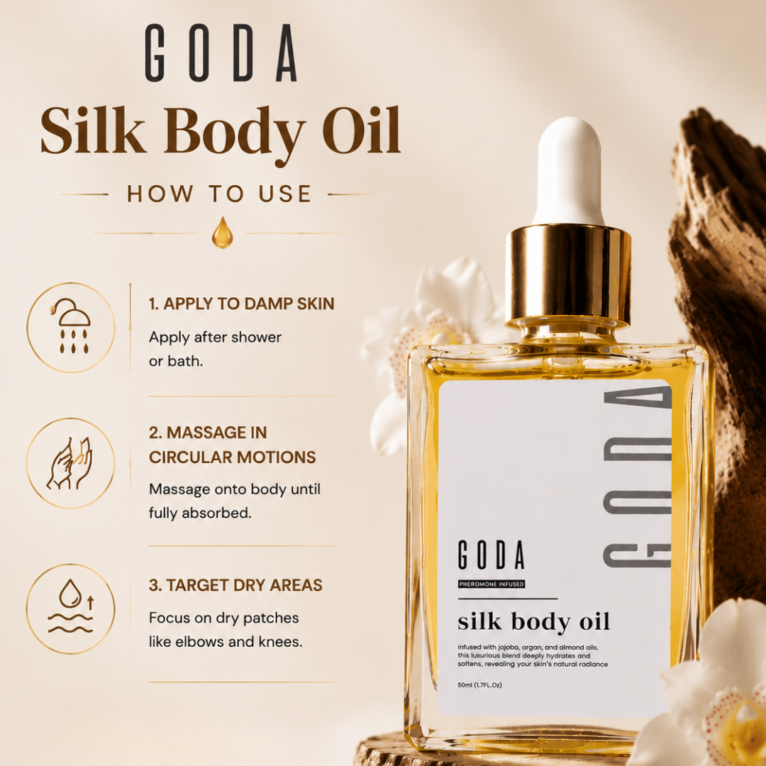 GODA Silk Body Oil – Pheromone Infused – Nourish, Hydrate & Glow – With Jojoba, Argan & Almond Oils – Firms & Smooths Crepey Skin – Non-Greasy, Fast-Absorbing – For Dull, Dehydrated, Sagging Skin
