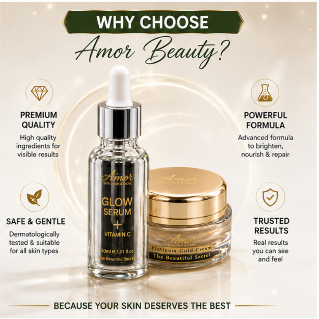 Amor Glow Serum & Platinum Night Cream Deal – 50% OFF – Brighten, Nourish & Glow Naturally – Vitamin C Serum + Night Cream – Fades Dark Spots, Evens Skin Tone, Deep Nourishment – For Radiant, Youthful Skin