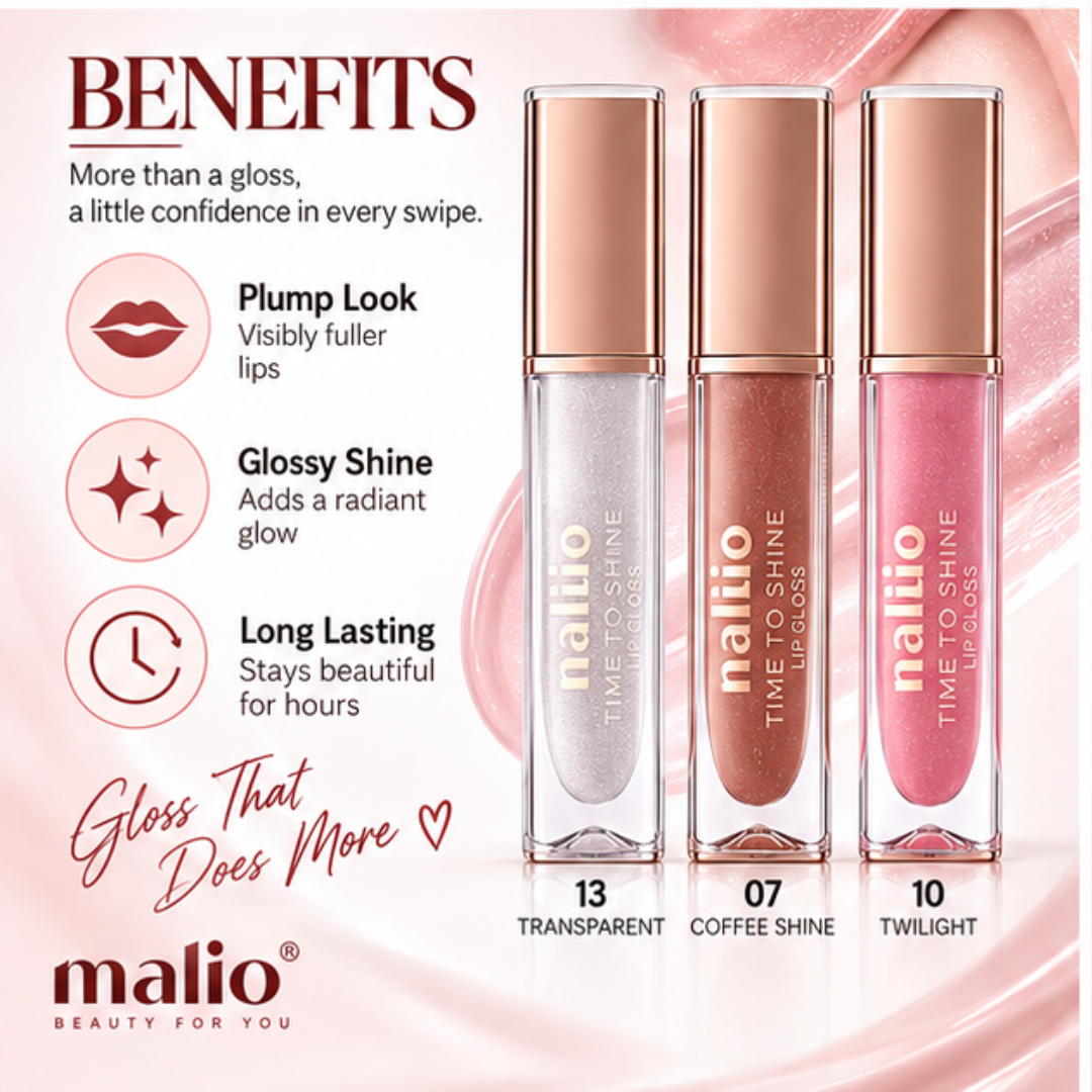 Malio Time to Shine Lip Gloss Set (Pack of 3) – Plumping & Hydrating Formula – Long-Lasting Glossy & Shimmer Shine