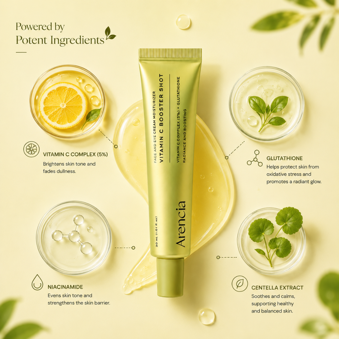 Arencia Vitamin C Booster Shot – Brighten, Boost & Glow – With Vitamin C Complex 5%, Glutathione, Niacinamide & Centella Extract – Fades Dark Spots, Boosts Radiance, Hydrates & Smooths Texture – For Glass Skin Radiance