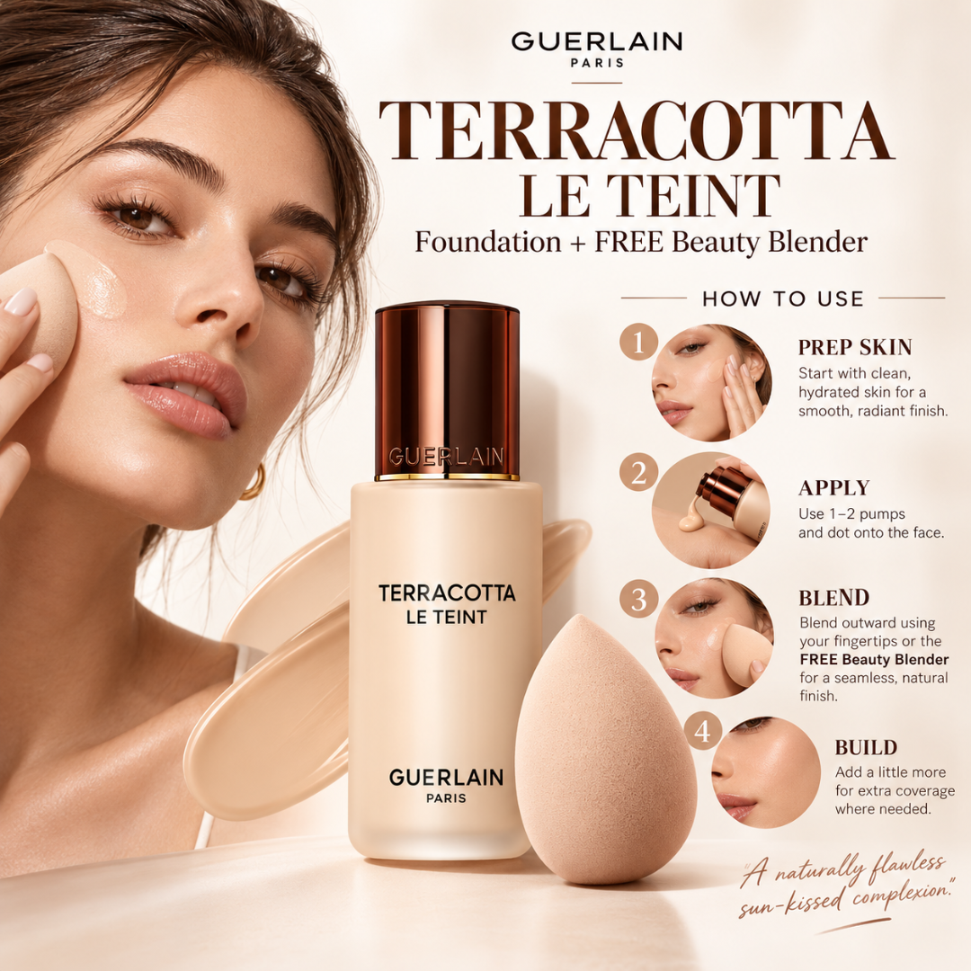 Guerlain Terracotta Le Teint Foundation + FREE Beauty Blender – Lightweight Breathable Coverage – Natural Radiant Glow
