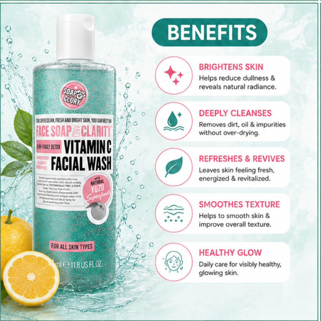 Vitamin C Facial Wash with Natural Yuzu & Mint – 3-in-1 Daily Detox – Brightens Dull Skin, Deeply Cleanses & Removes Impurities, feels cool & fresh – For Super Clean, Fresh & Bright Skin
