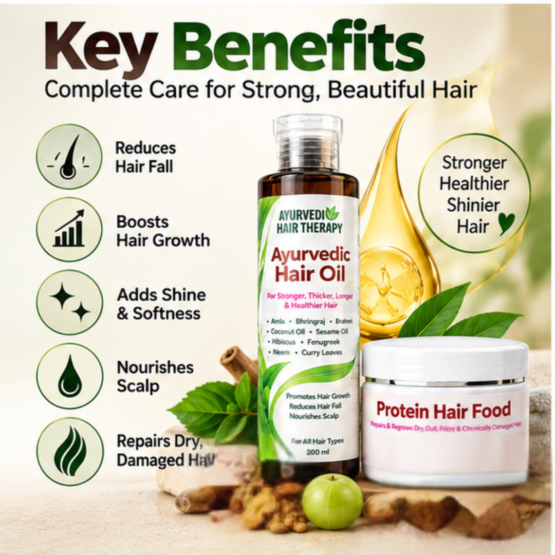 Ayurvedic Hair Oil + Protein Hair Food Combo – Stronger, Healthier & Shinier Hair – Repairs Dry, Dull, Frizzy & Chemically Damaged Hair – Reduces Hair Fall, Boosts Growth & Nourishes Scalp
