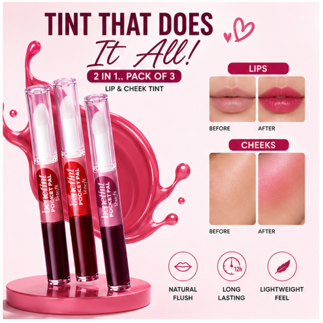 Benefit 2 In 1 Lip & Cheek Tint (Clear Gloss + Tint) – Pack of 3 – Natural Flush, 12H Long Lasting – Buildable, Hydrating, Lightweight – Pocket Size