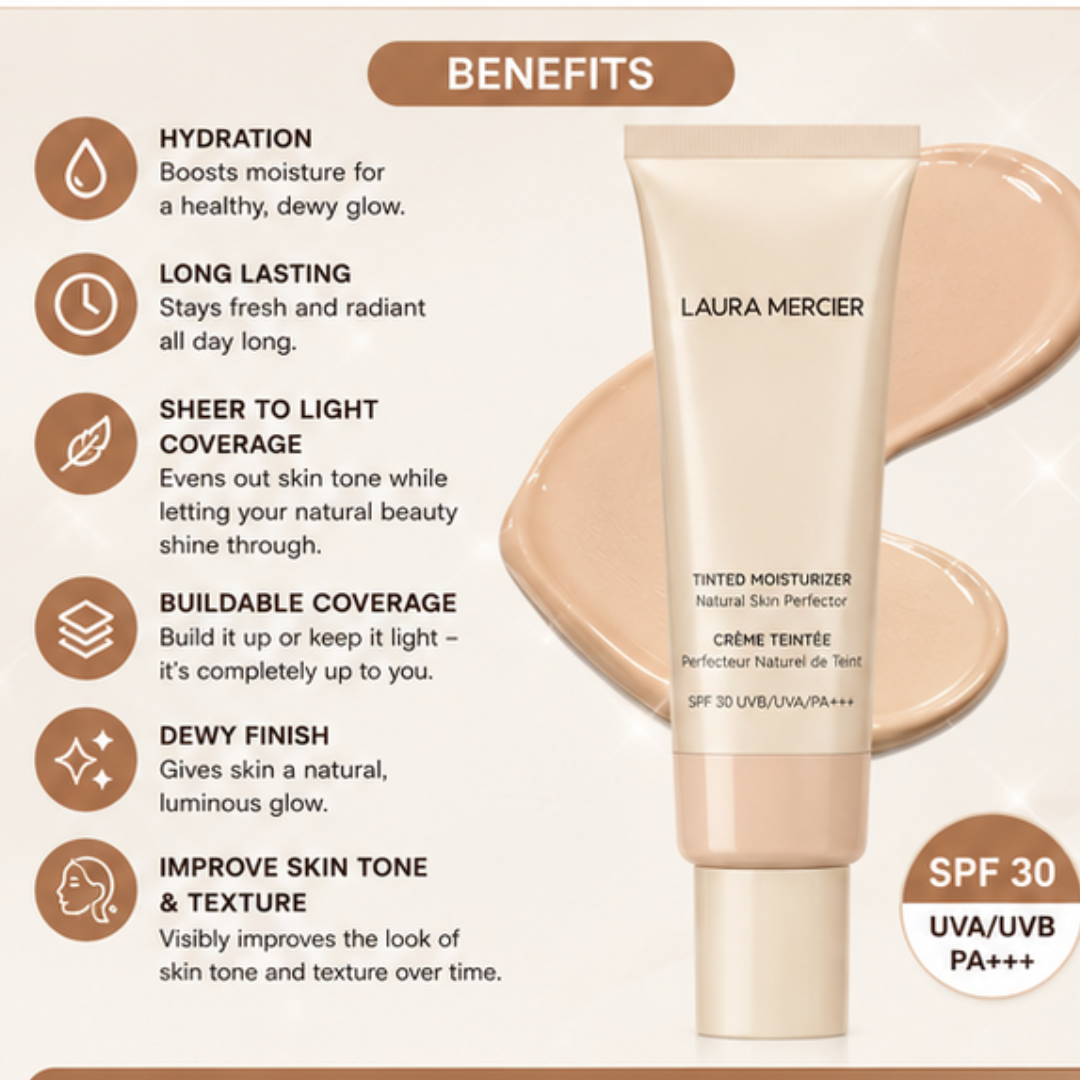LAURA MERCIER Tinted Moisturizer Natural Skin Perfector – Crème Teintée – Hydration, Buildable Coverage & SPF 30 – Natural, Dewy Finish – Evens Skin Tone, Smooths Texture – Lightweight, Dermatologist Tested