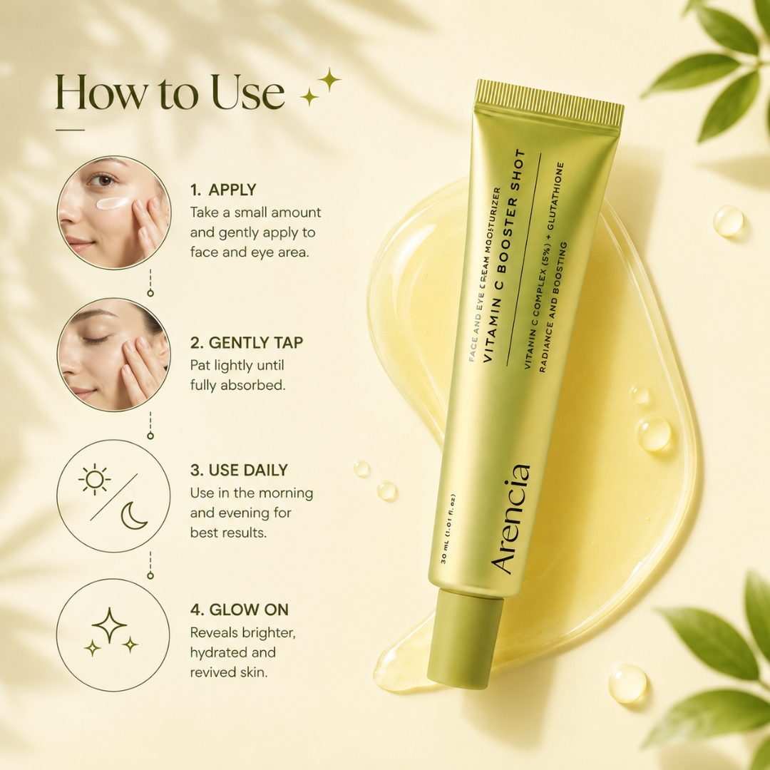 Arencia Vitamin C Booster Shot – Brighten, Boost & Glow – With Vitamin C Complex 5%, Glutathione, Niacinamide & Centella Extract – Fades Dark Spots, Boosts Radiance, Hydrates & Smooths Texture – For Glass Skin Radiance