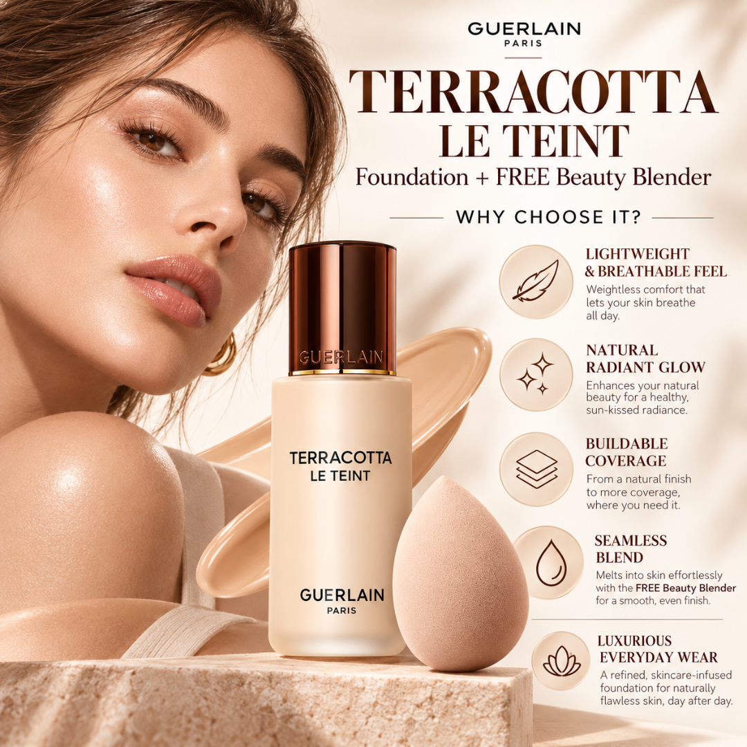 Guerlain Terracotta Le Teint Foundation + FREE Beauty Blender – Lightweight Breathable Coverage – Natural Radiant Glow