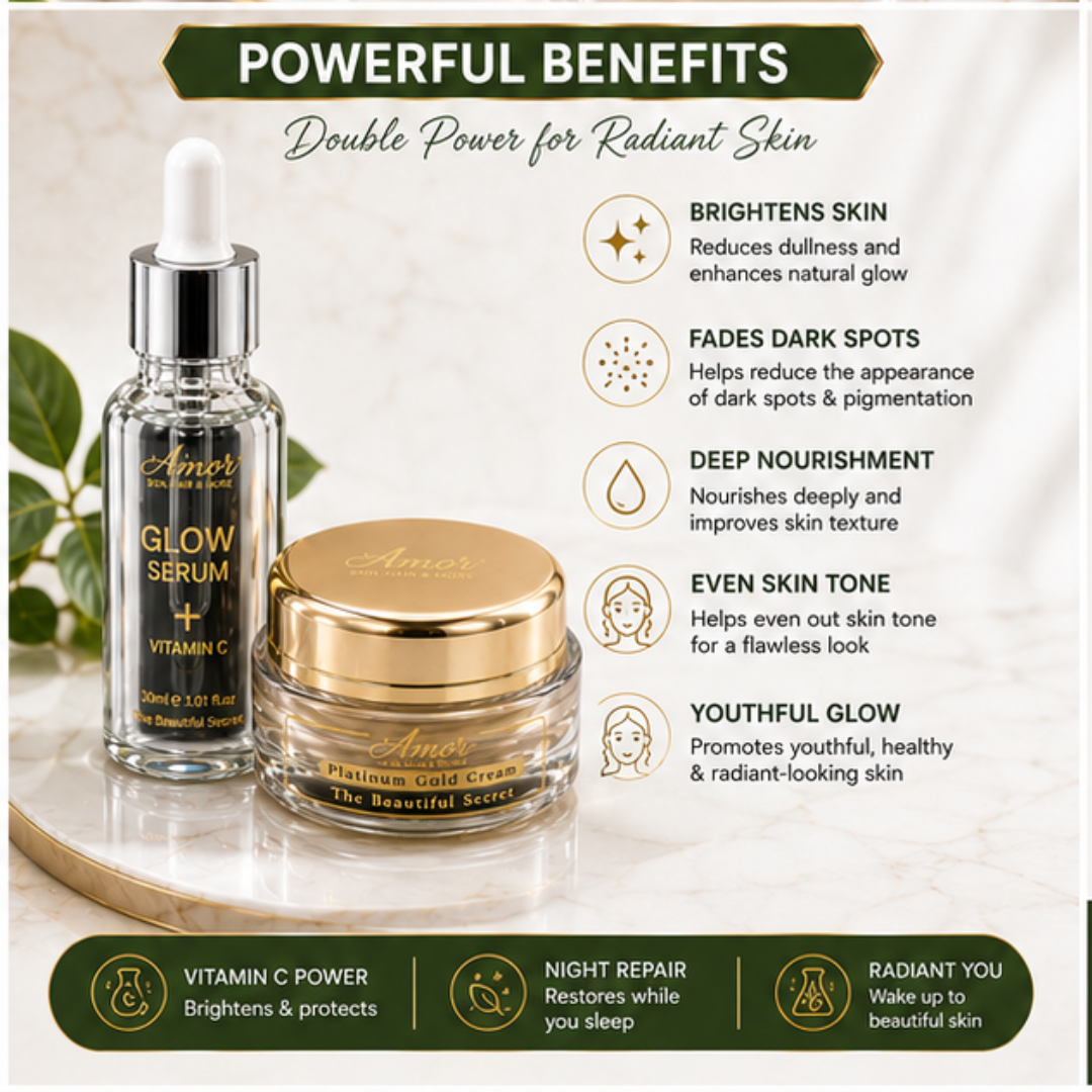 Amor Glow Serum & Platinum Night Cream Deal – 50% OFF – Brighten, Nourish & Glow Naturally – Vitamin C Serum + Night Cream – Fades Dark Spots, Evens Skin Tone, Deep Nourishment – For Radiant, Youthful Skin