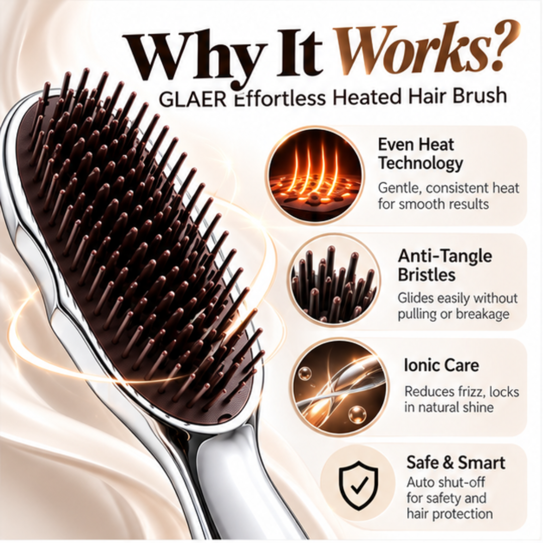 GLAER Effortless Heated Hair Brush – Anti-Frizz Ceramic Straightening Brush for Smooth, Shiny Hair