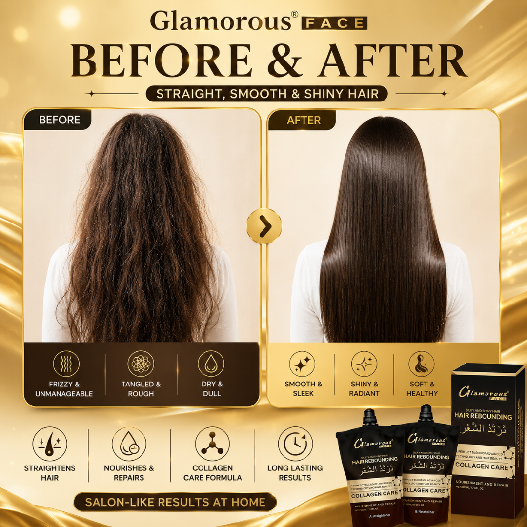 Glamorous Face Hair Rebounding Kit – Straight, Smooth & Shiny Hair – Collagen Care Formula – Includes Straightener + Neutralizer – Salon Treatment at Home – For Frizzy, Dry, Unmanageable Hair