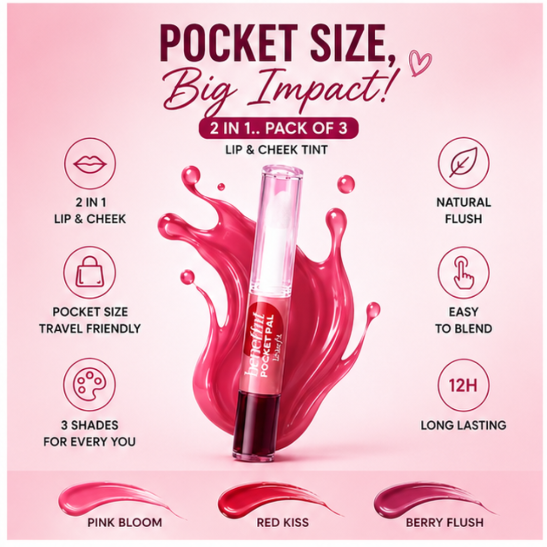 Benefit 2 In 1 Lip & Cheek Tint (Clear Gloss + Tint) – Pack of 3 – Natural Flush, 12H Long Lasting – Buildable, Hydrating, Lightweight – Pocket Size