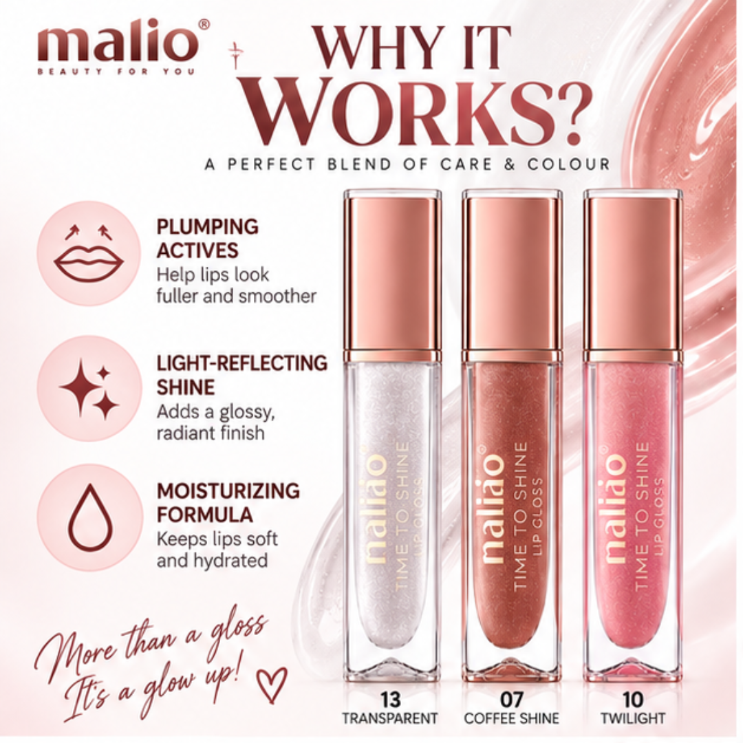 Malio Time to Shine Lip Gloss Set (Pack of 3) – Plumping & Hydrating Formula – Long-Lasting Glossy & Shimmer Shine