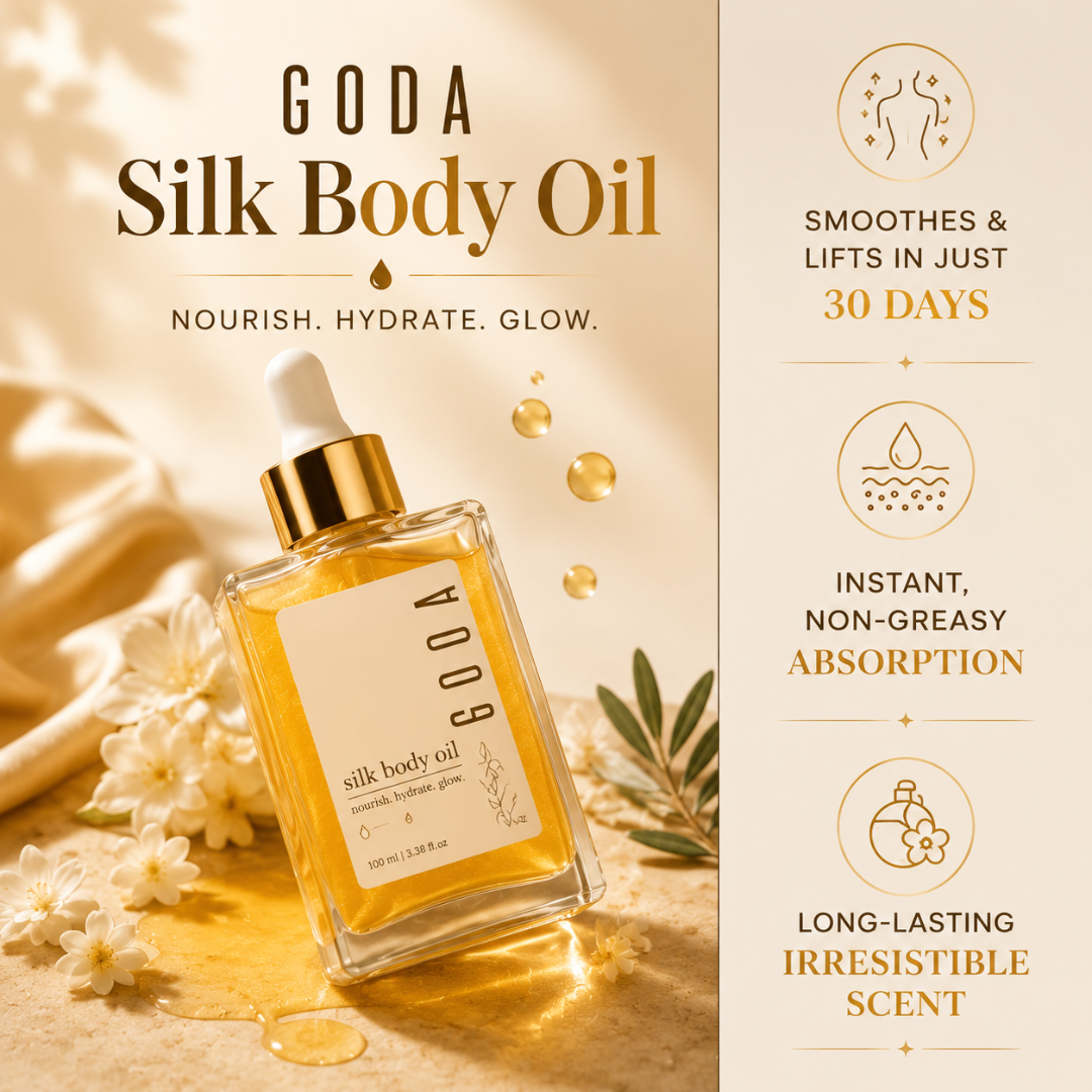 GODA Silk Body Oil – Pheromone Infused – Nourish, Hydrate & Glow – With Jojoba, Argan & Almond Oils – Firms & Smooths Crepey Skin – Non-Greasy, Fast-Absorbing – For Dull, Dehydrated, Sagging Skin