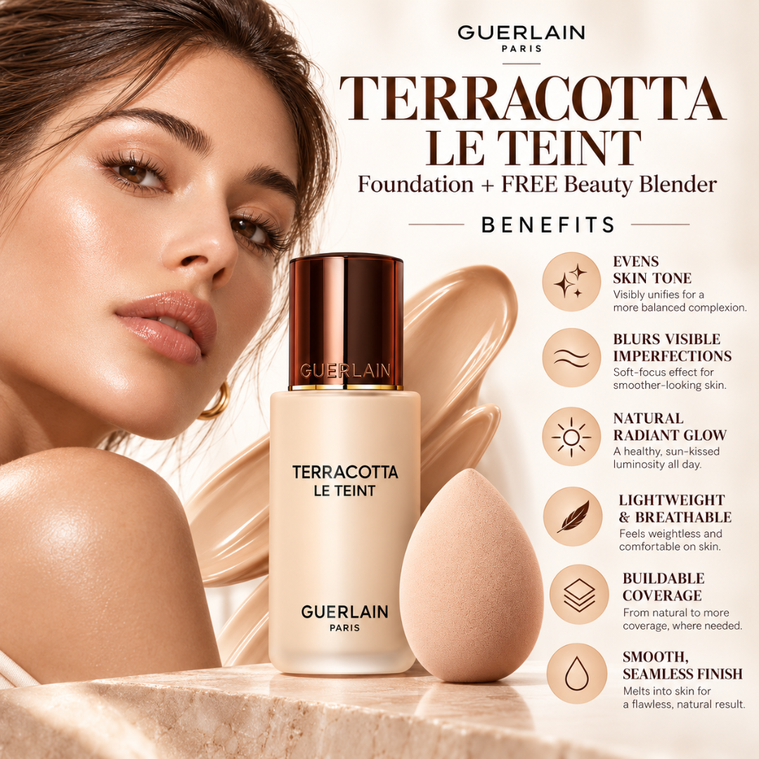 Guerlain Terracotta Le Teint Foundation + FREE Beauty Blender – Lightweight Breathable Coverage – Natural Radiant Glow