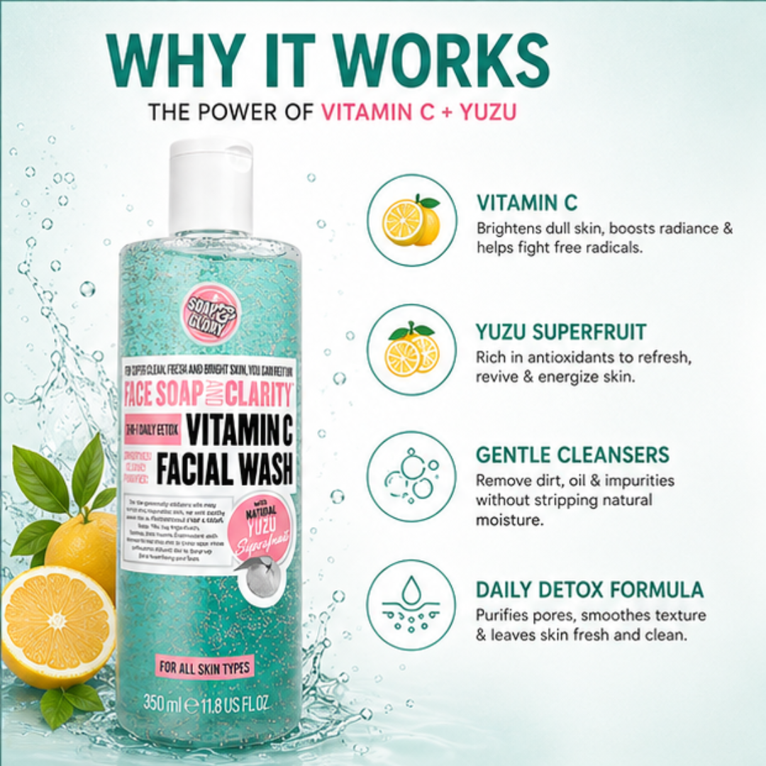 Vitamin C Facial Wash with Natural Yuzu & Mint – 3-in-1 Daily Detox – Brightens Dull Skin, Deeply Cleanses & Removes Impurities, feels cool & fresh – For Super Clean, Fresh & Bright Skin