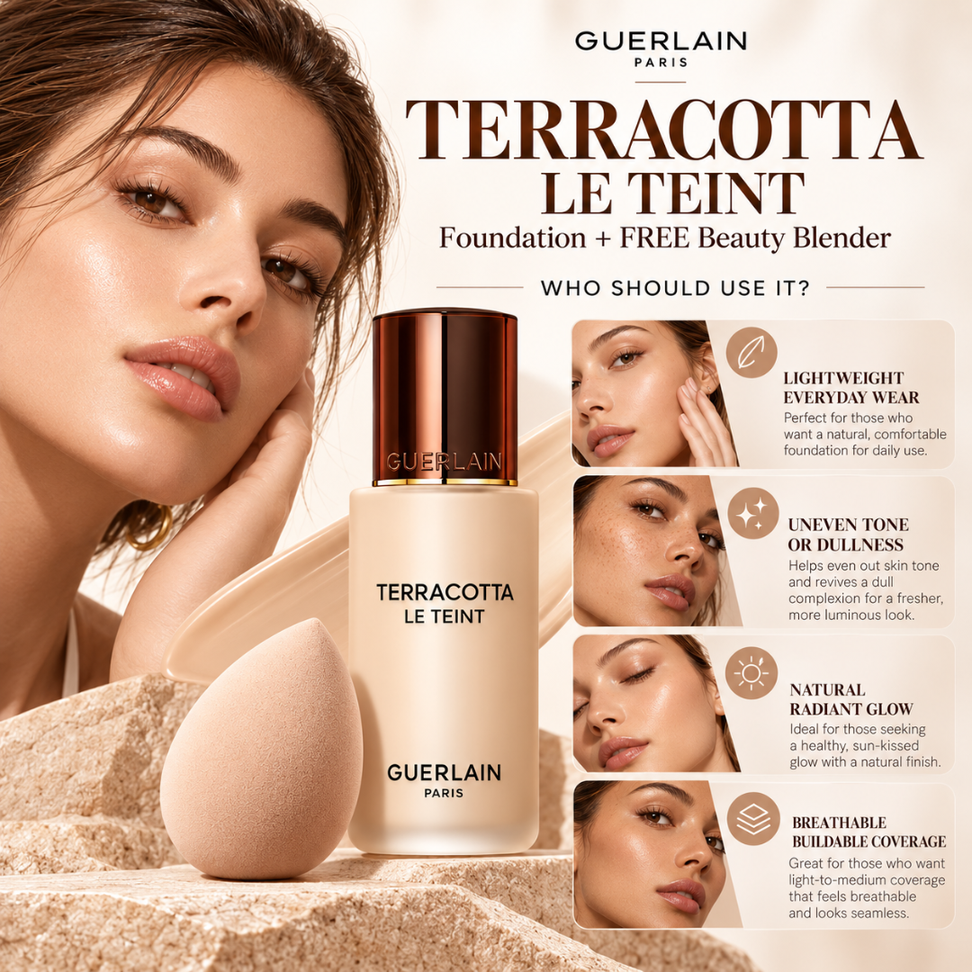 Guerlain Terracotta Le Teint Foundation + FREE Beauty Blender – Lightweight Breathable Coverage – Natural Radiant Glow