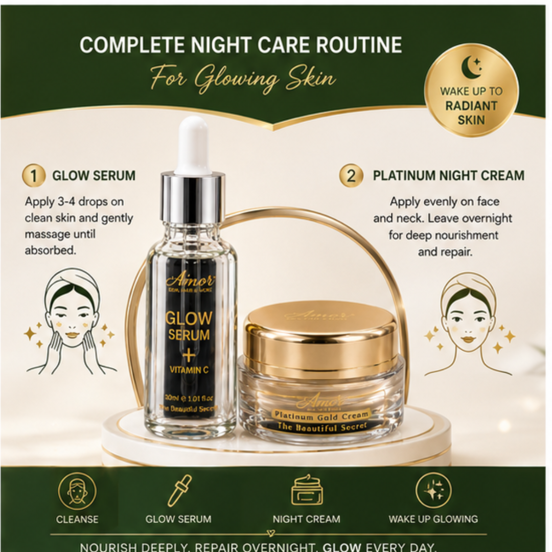 Amor Glow Serum & Platinum Night Cream Deal – 50% OFF – Brighten, Nourish & Glow Naturally – Vitamin C Serum + Night Cream – Fades Dark Spots, Evens Skin Tone, Deep Nourishment – For Radiant, Youthful Skin