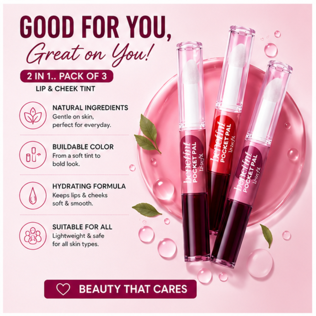Benefit 2 In 1 Lip & Cheek Tint (Clear Gloss + Tint) – Pack of 3 – Natural Flush, 12H Long Lasting – Buildable, Hydrating, Lightweight – Pocket Size