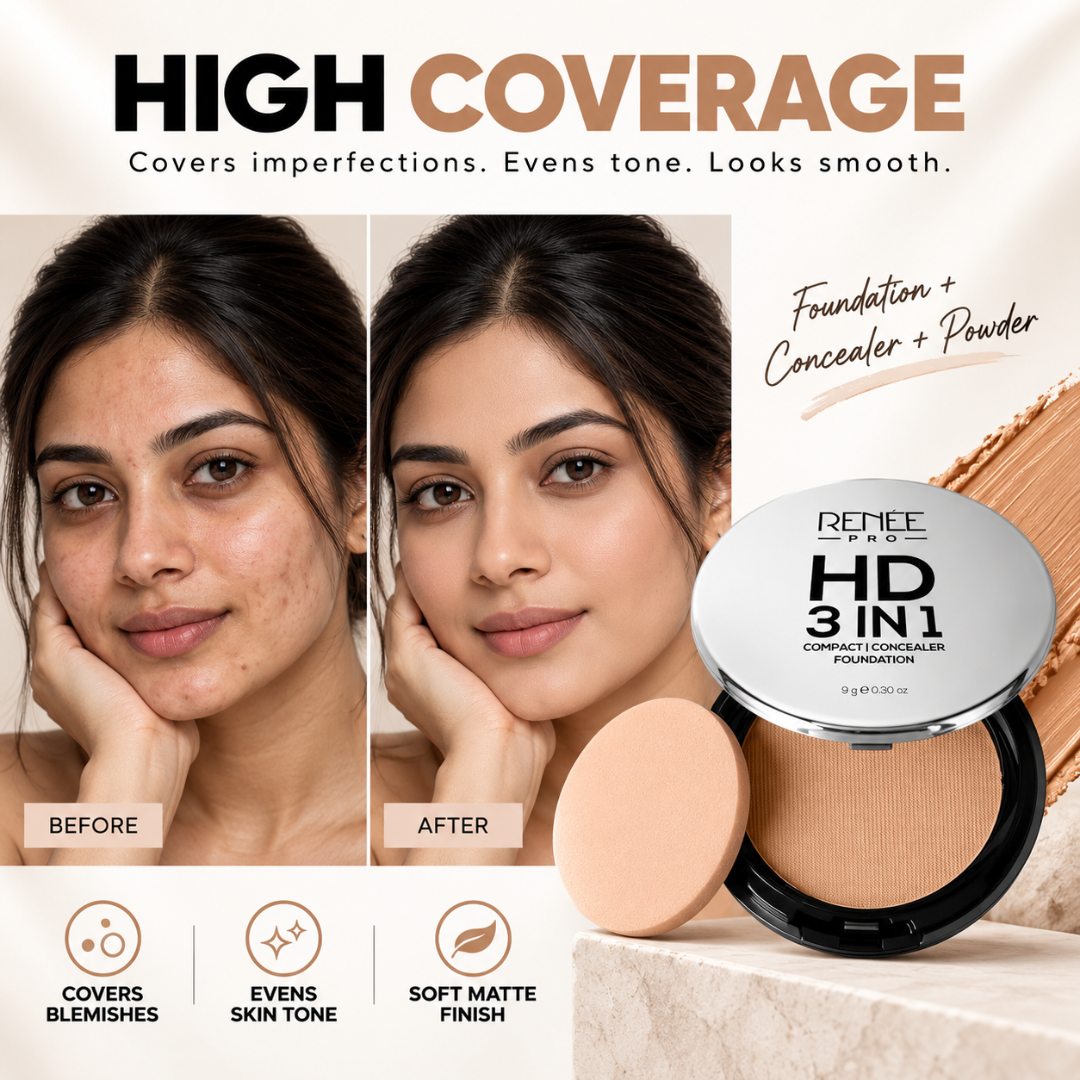 Renee Pro HD 3-in-1 Compact Foundation – Foundation + Concealer + Powder – Flawless Coverage, Natural Matte Finish – Lightweight, Buildable