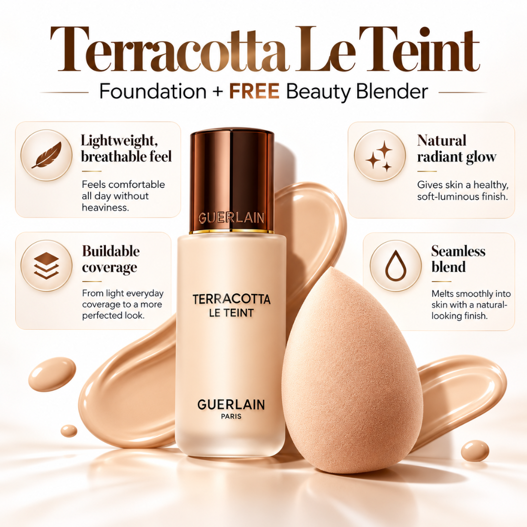 Guerlain Terracotta Le Teint Foundation + FREE Beauty Blender – Lightweight Breathable Coverage – Natural Radiant Glow