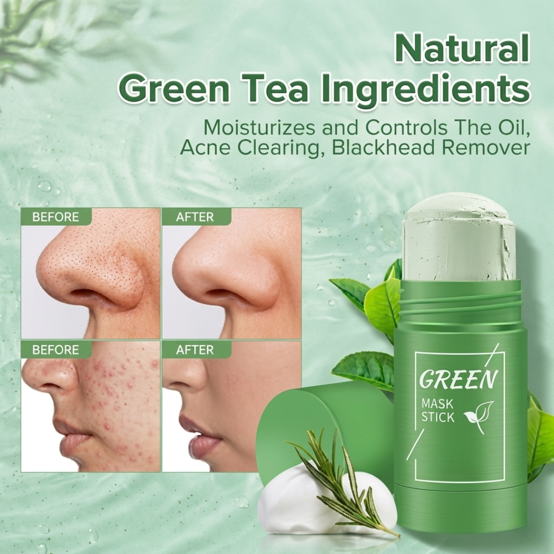 Green Tea Cleansing Mask Stick – Deep Cleansing, Oil Control, Acne & Blackhead Remover – Natural Green Tea Extract – Rotating Head Design, Easy to Carry – For Smooth & Glowing Skin
