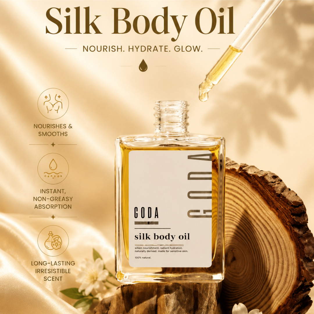GODA Silk Body Oil – Pheromone Infused – Nourish, Hydrate & Glow – With Jojoba, Argan & Almond Oils – Firms & Smooths Crepey Skin – Non-Greasy, Fast-Absorbing – For Dull, Dehydrated, Sagging Skin