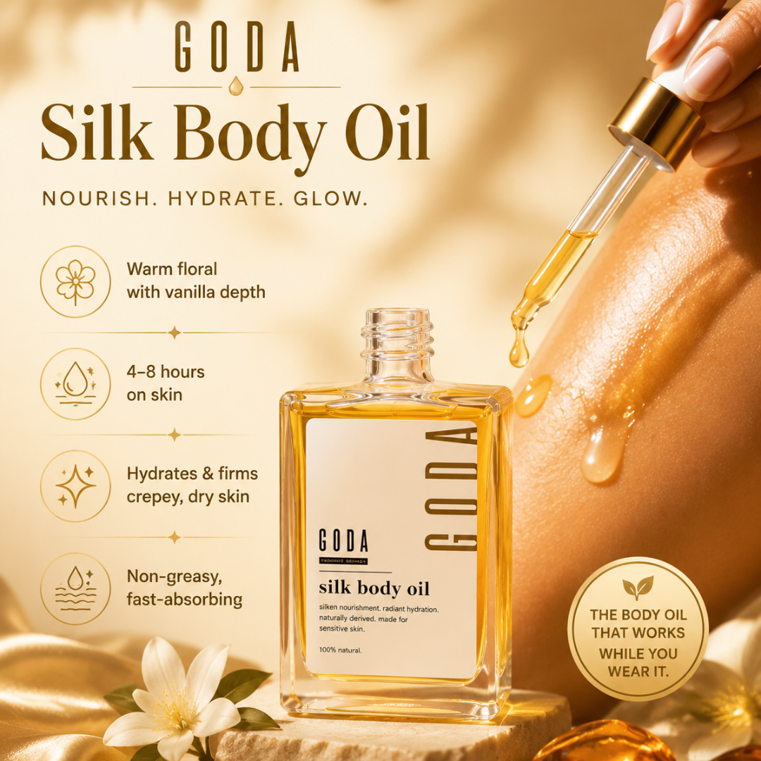 GODA Silk Body Oil – Pheromone Infused – Nourish, Hydrate & Glow – With Jojoba, Argan & Almond Oils – Firms & Smooths Crepey Skin – Non-Greasy, Fast-Absorbing – For Dull, Dehydrated, Sagging Skin