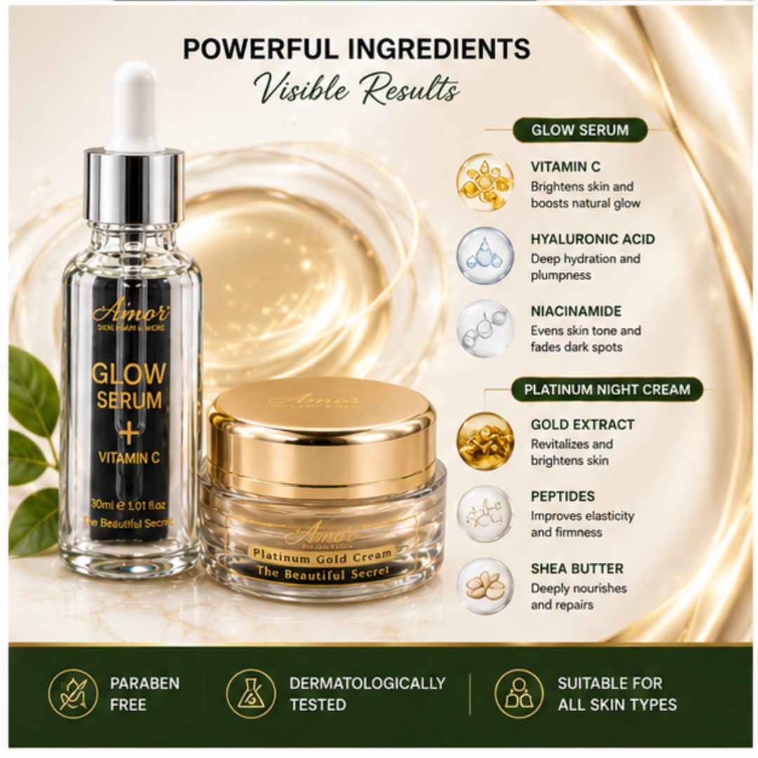 Amor Glow Serum & Platinum Night Cream Deal – 50% OFF – Brighten, Nourish & Glow Naturally – Vitamin C Serum + Night Cream – Fades Dark Spots, Evens Skin Tone, Deep Nourishment – For Radiant, Youthful Skin